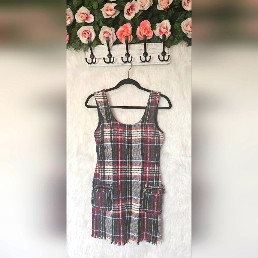 Zara Winter Knit Plaid Overall Mini Dress